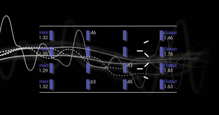 On start waveforms oscillating behind bars updating inputs outputs flashing arrows visualizing data