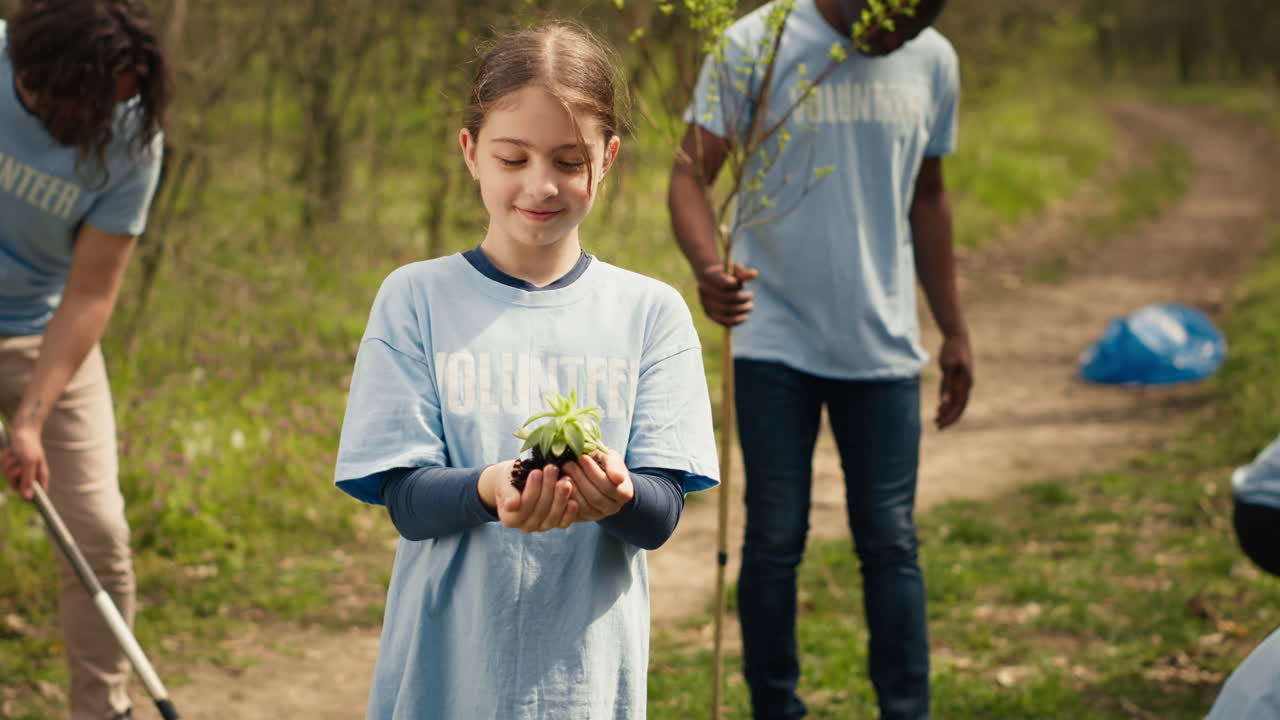 Una linda activista infantil presenta un pequeño árbol en sus manos.