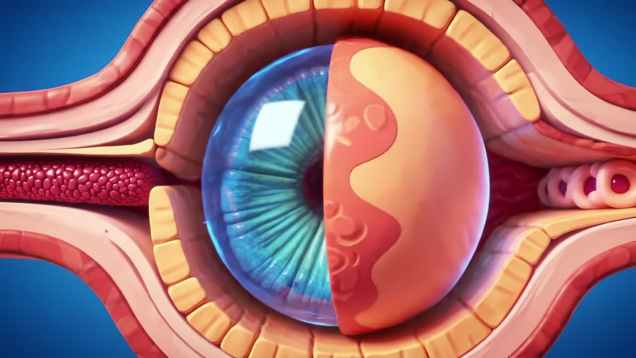 Esplorazione anatomica dell'occhio umano: una vista dettagliata in sezione che mostra le complessità di iride, cornea e sclera con colori vivaci