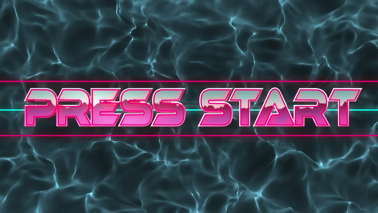 Animasjon av rosa neonordene 'Press Start' over en blå, flytende bakgrunn