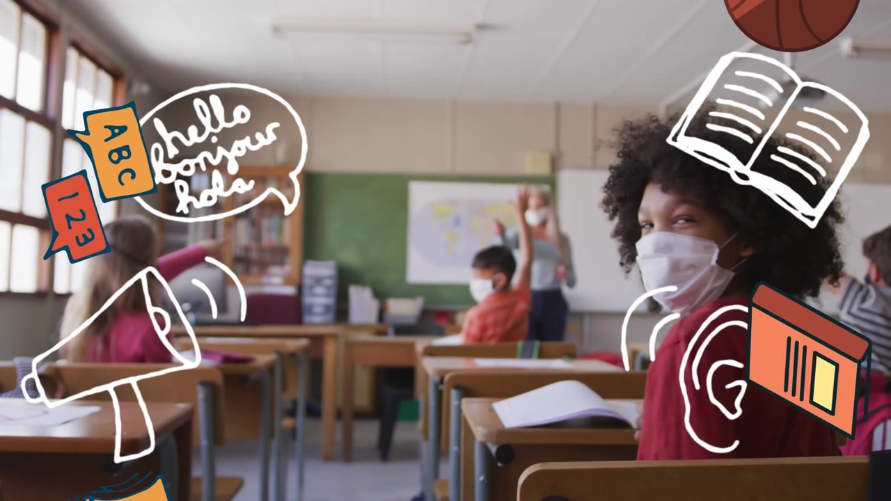 Animação de ícones escolares sobre alunos diversos com professor