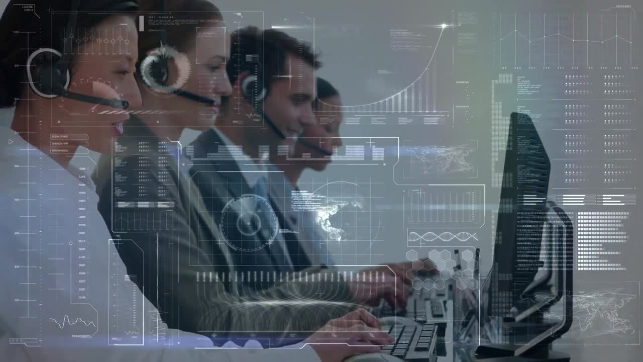 animación del procesamiento de datos financieros sobre personas de negocios que trabajan en la oficina