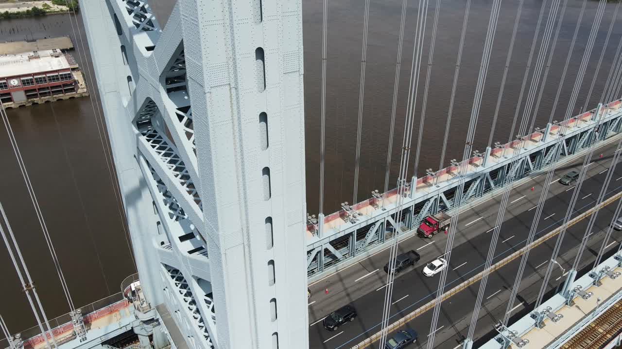 4k의 dji mavic air 2에서 필라델피아와 뉴저지를 연결하는 벤자민 프랭클린 다리의 기울기 보기, 색상은 d-cinelike입니다.
