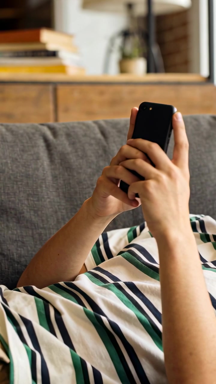 Video verticale: Uomo sdraiato in camicia a righe che muove i pollici e tocca il telefono su un divano grigio.