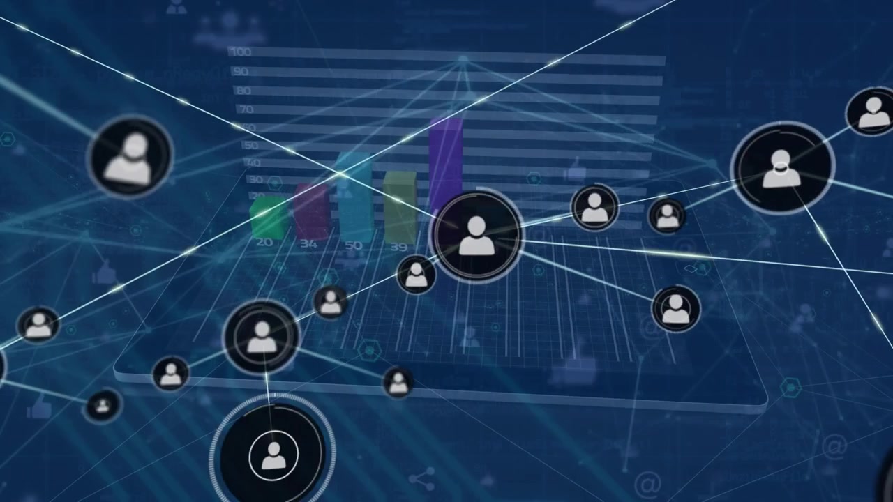 Animation of network of connections with icons over computer server