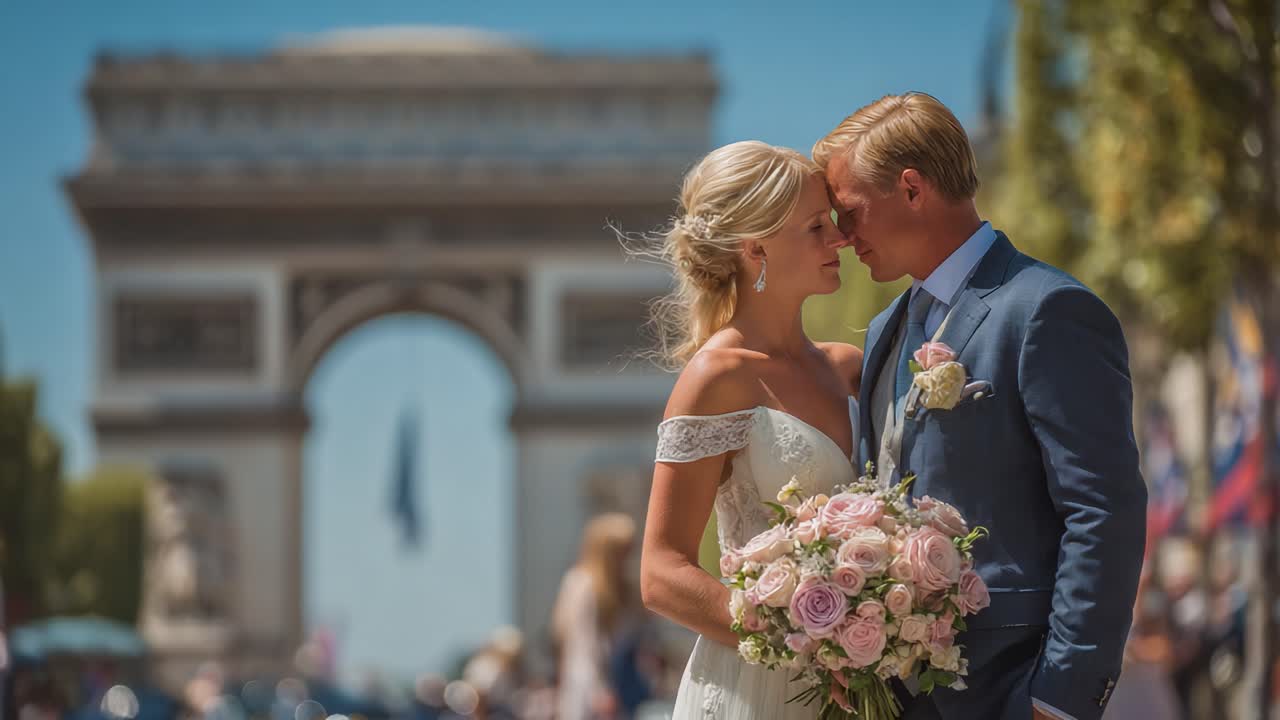 Arc de Triomphe önünde neşeli bir çiftin romantik anı, Paris'teki güzel bir düğün kutlaması sırasında aşklarını yakalıyor