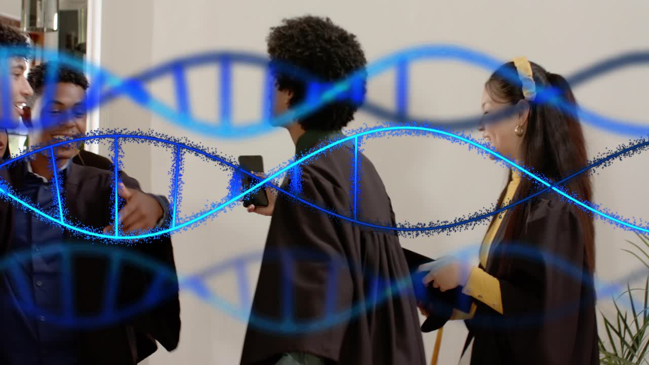 Dimittender fejrer ved døren, én tilbyder en telefon, der udløser kram, retter huer under blå helix-overlay