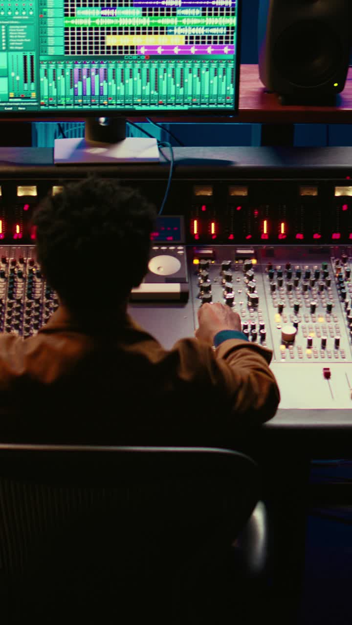Audio Engineer Working on Mixing Console in Recording Studio