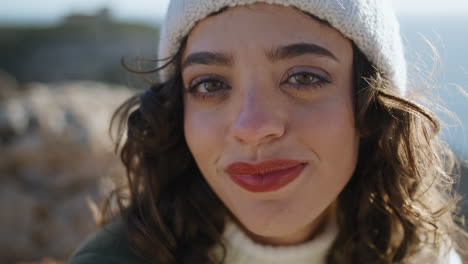 happy girl enjoy coffee on trip outdoors closeup. romantic tourist rest picnic