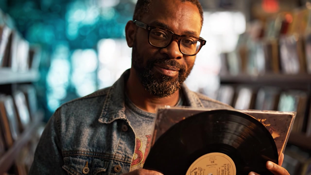 A Music Enthusiast Relishing a Vinyl Record, Capturing the Essence of Nostalgia and Passion in a Record Store Featuring a Warm, Inviting Atmosphere