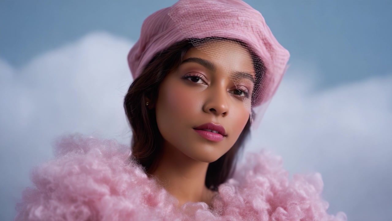 Elegant Portrait of a Young Woman in a Pink Beret and Fluffy Pink Attire Against a Soft Blue Background, Capturing Style and Sophistication in Fashion Photography