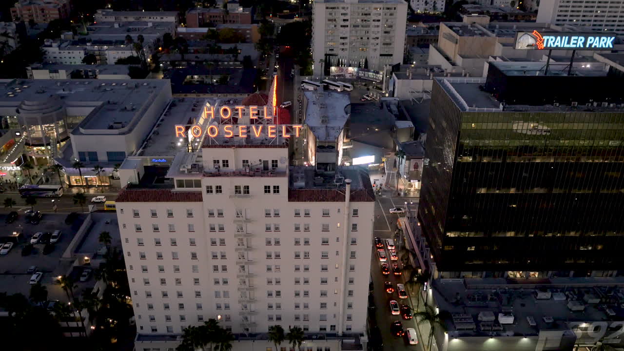 Aerial Night View of the Hollywood Roosevelt Hotel in Los Angeles