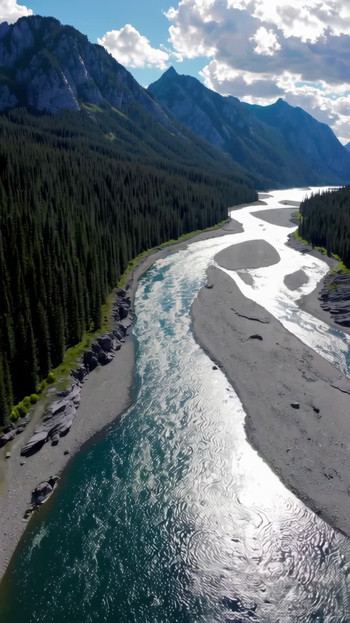 Aerial View of a Winding River in the Mountains