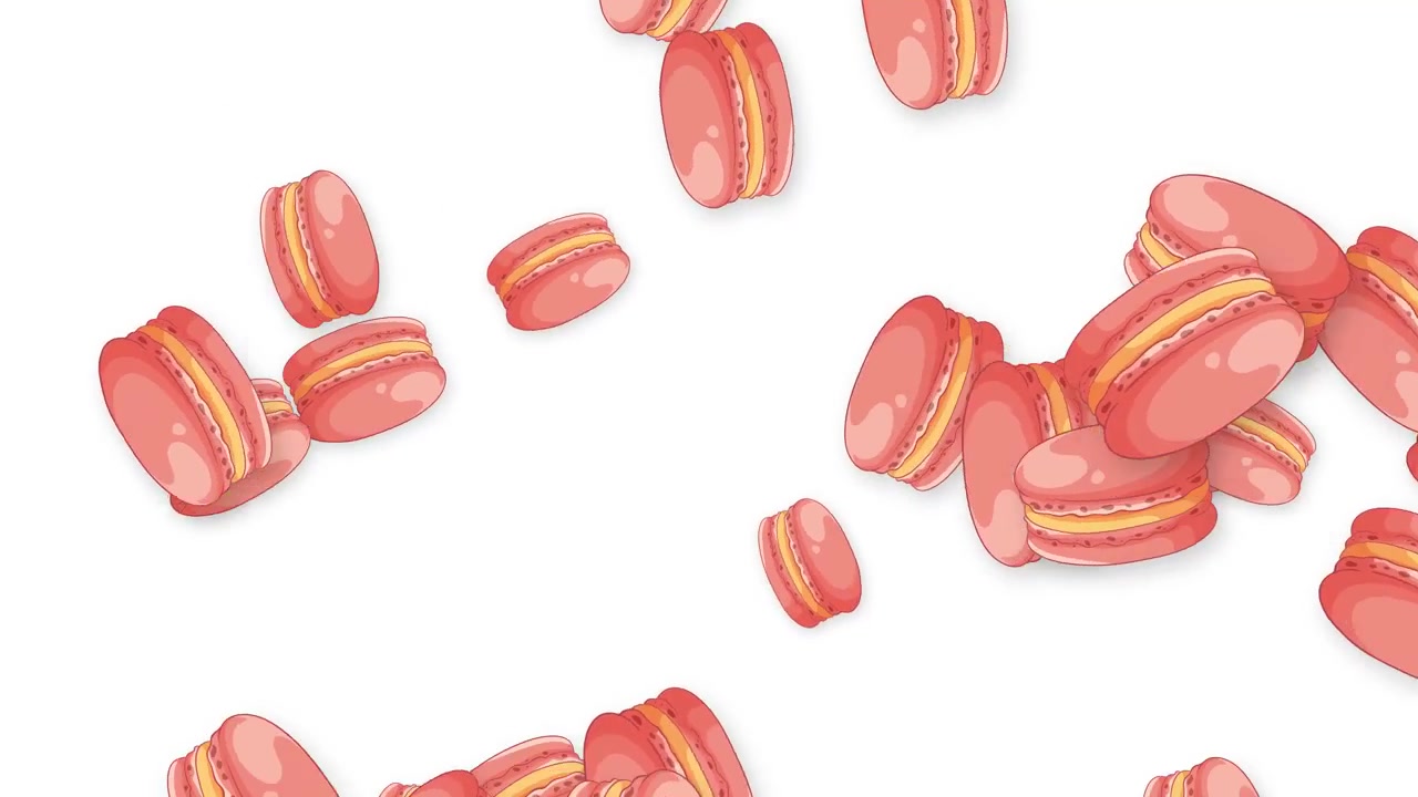 Colorful pink French macarons fall and bounce across a clean white background in 2D animation.