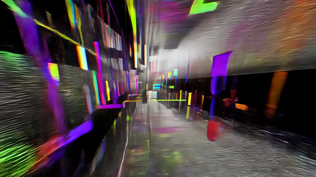 Digital glitch initiating camera racing through metallic corridor, revealing colorful neon strips