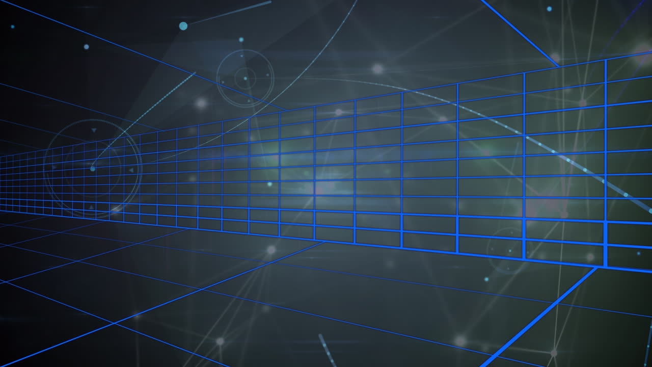 Animation of network of connections and icons over dark background