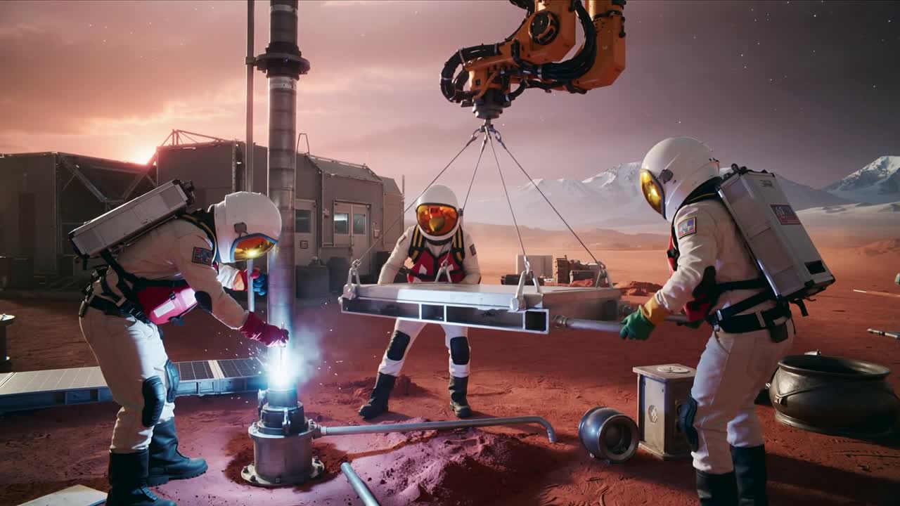 Braccio robotico che si abbassa tenendo una piattaforma, tre membri dell'equipaggio in tuta che saldano e allineano su una pianura rossa vicino all'habitat
