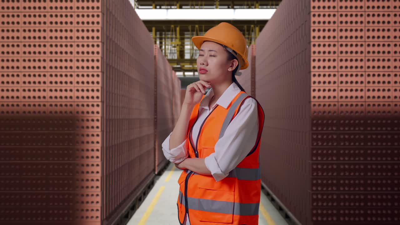 Side View Of Asian Female Engineer With Safety Helmet Thinking And Looking Around Then Raising Her Index Finger While Standing With Red Brick Packed in Stacks Are Stored