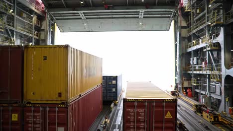 containers being loaded and unloaded at a large cargo facility, showcasing heavy machinery and maritime operations under an open dock