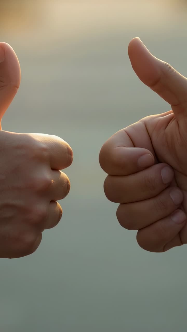 Showing two adult hands giving thumbs-up and remaining centered outside at sunset, warm backlight
