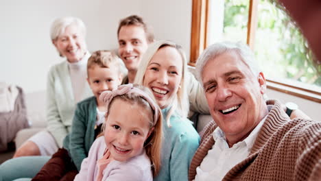 Glückliche-Große-Familie,-Entspannung-Und-Sofa-Für-Selfie