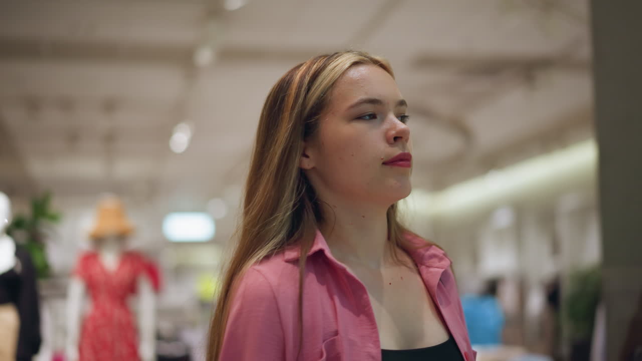 White lady wearing unbuttoned pink outfit in a brightly lit shopping mall smiles subtly as she nods her head, with other shoppers visible in the background and mannequins displayed in the store