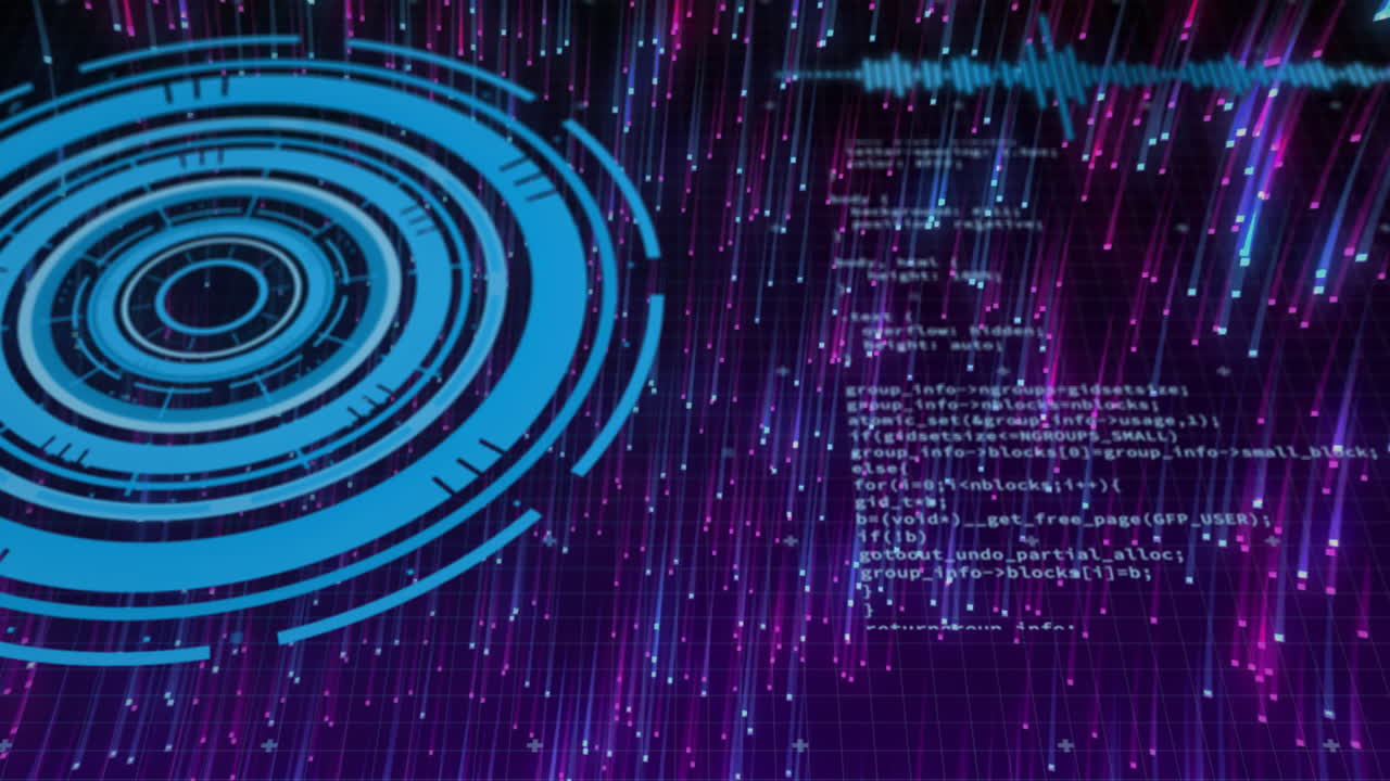 Rotating blue patterns and programming code animating over digital grid background