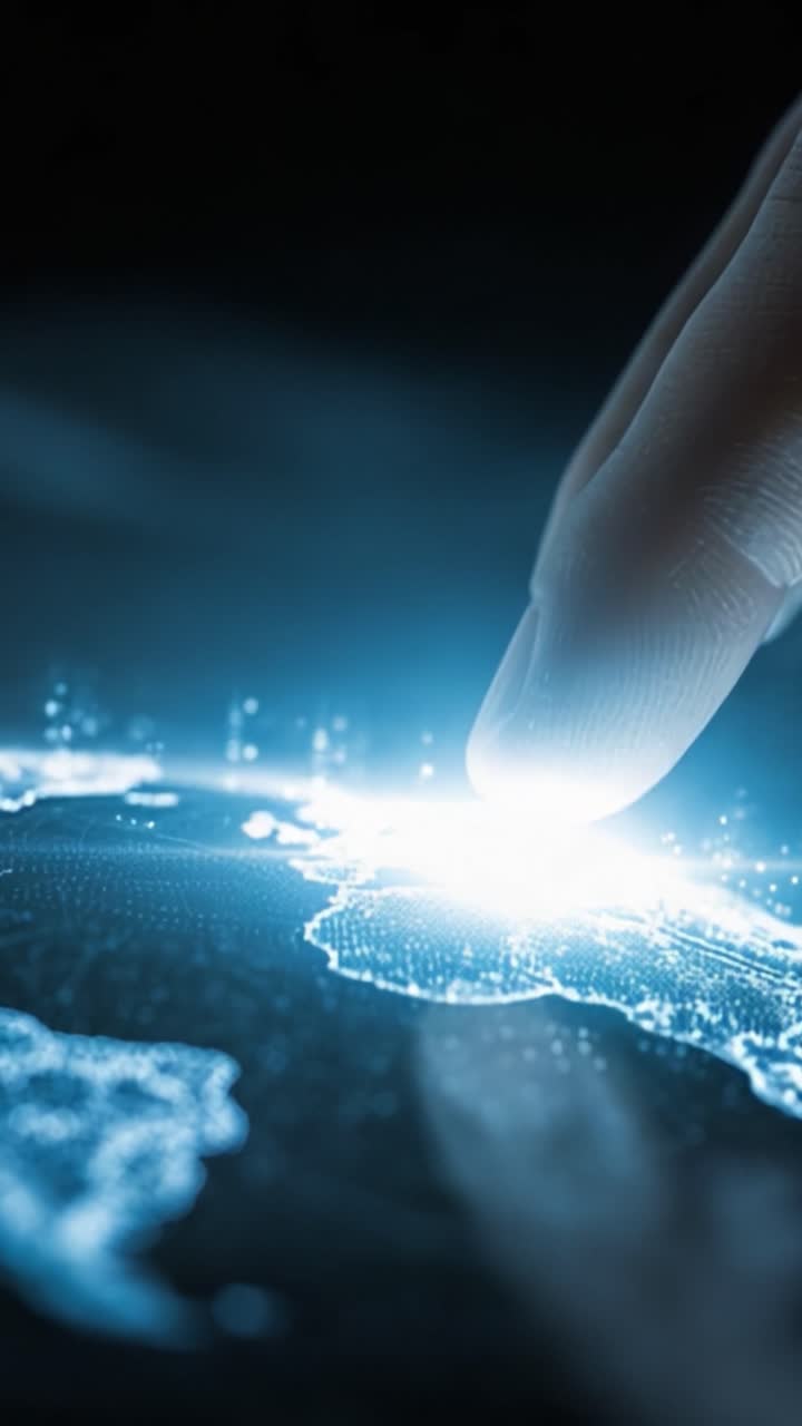A Glowing Digital Map with a Finger Touching the Surface, Representing Navigation, Technology, and Global Connectivity in a Stunning Abstract Visual