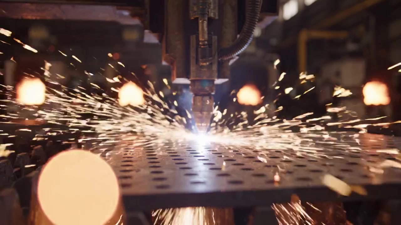 Precision Metal Cutting Process Captured in Motion, Featuring Sparks and High-Speed Laser Action on Durable Material in an Industrial Workshop Environment