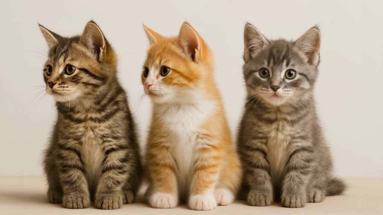 Tres gatitos sentados en fila, capturados desde un ángulo lateral. La iluminación suave y el fondo neutro.
