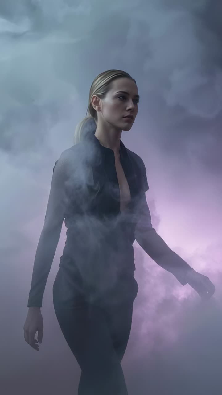 Vídeo vertical: modelo entrando en escena en un estudio posando con un conjunto negro entre humo y luces cálidas