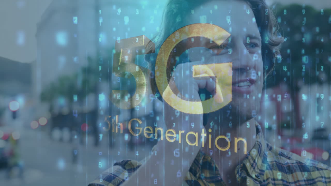 Using smartphone with 5G technology overlay, person smiling and engaging with device