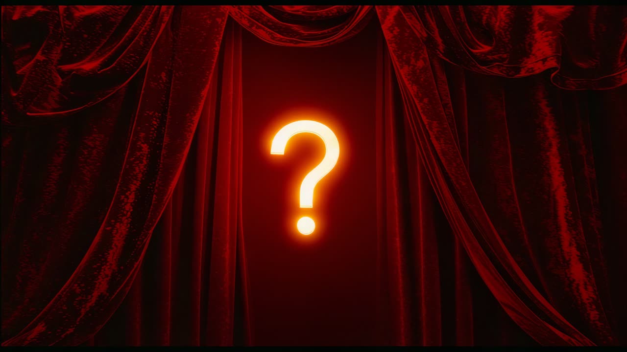 Apertura di un sipario di velluto rosso che rivela un punto interrogativo dorato brillante sul palco di un teatro