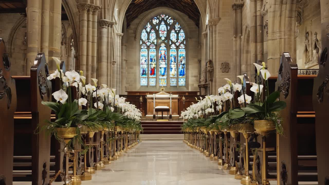 Church Interior with Stained Glass and Flower Decorations
