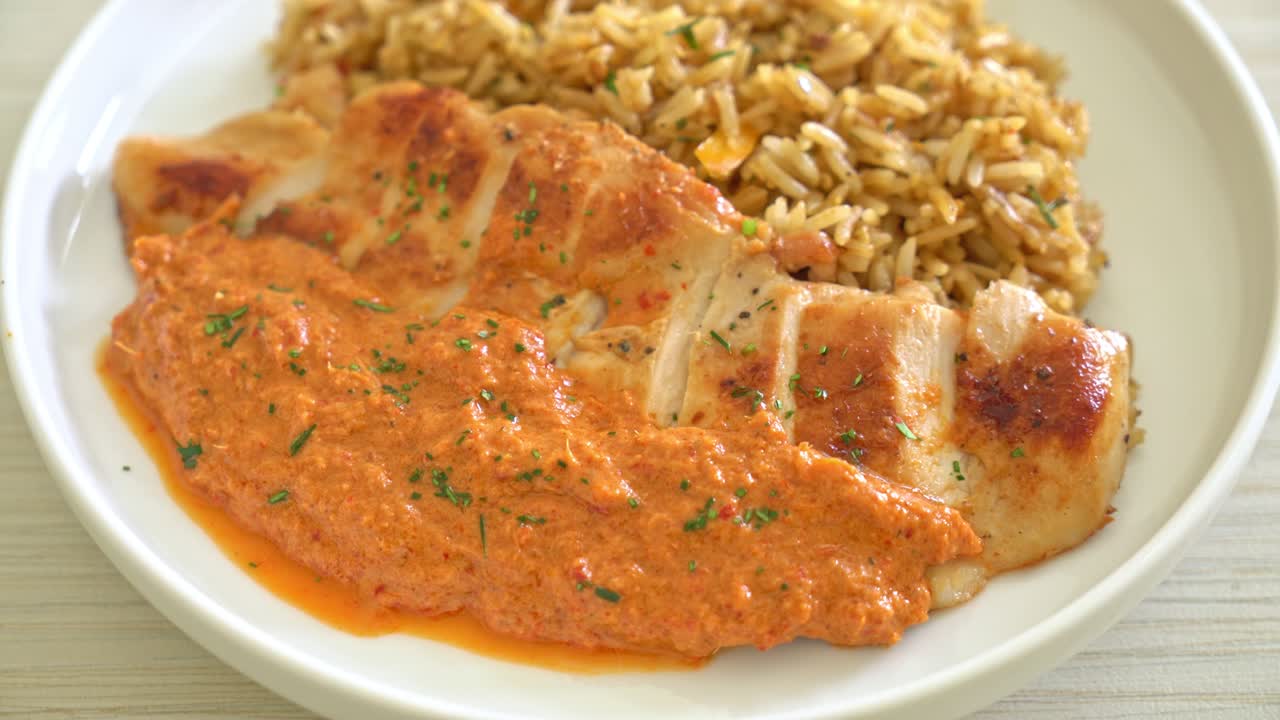 Filete de pollo a la parrilla con salsa de curry rojo y arroz - estilo de comida musulmana