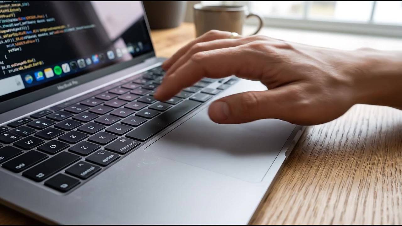 Nærbillede af hånd, der taster og koder på bærbar computers tastatur og pegefelt