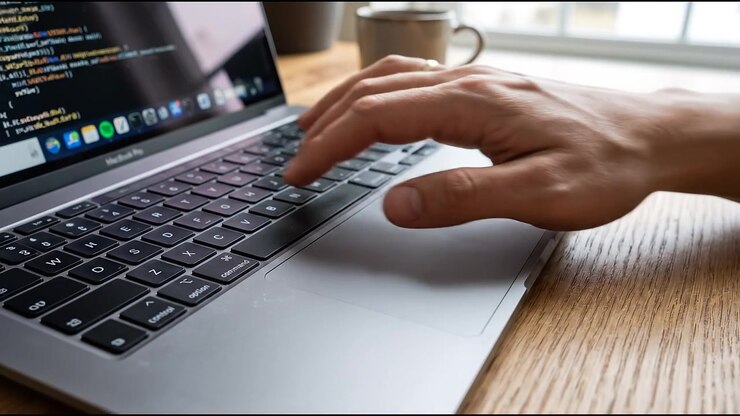 Close-up of Hand Typing and Coding on Laptop Keyboard and Trackpad