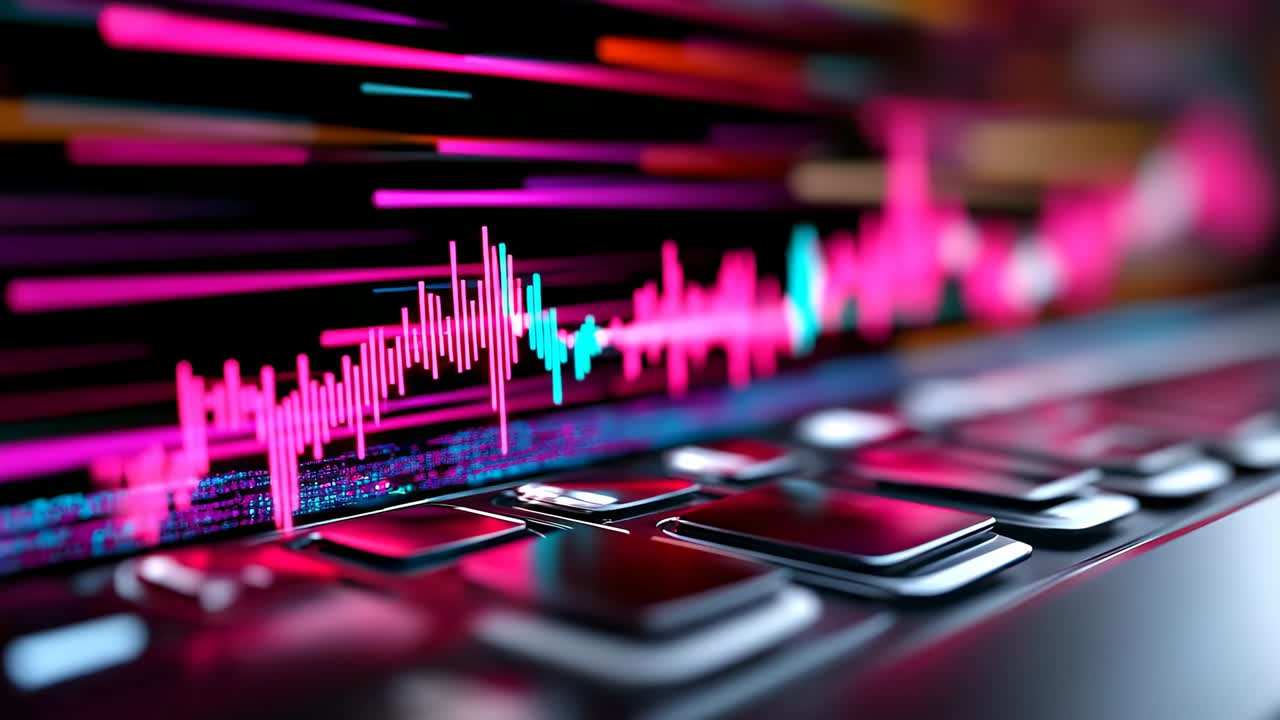 Sound waves and music visual on laptop. Colorful sound waves show on a laptop screen while black keys are visible