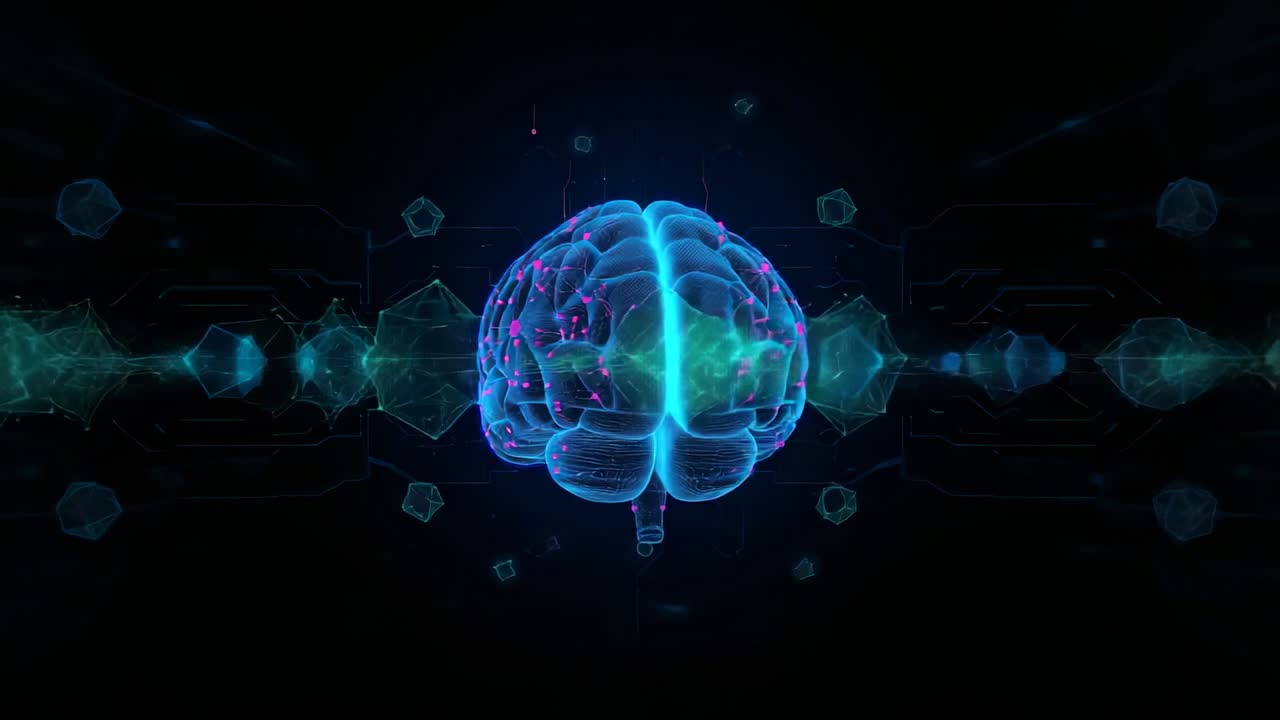 Materializing brain hologram rotating in void, pulsing magenta nodes and simulating neural activity