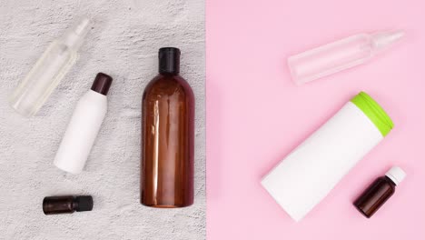 bottles with skin care products blinking on the table. stop motion