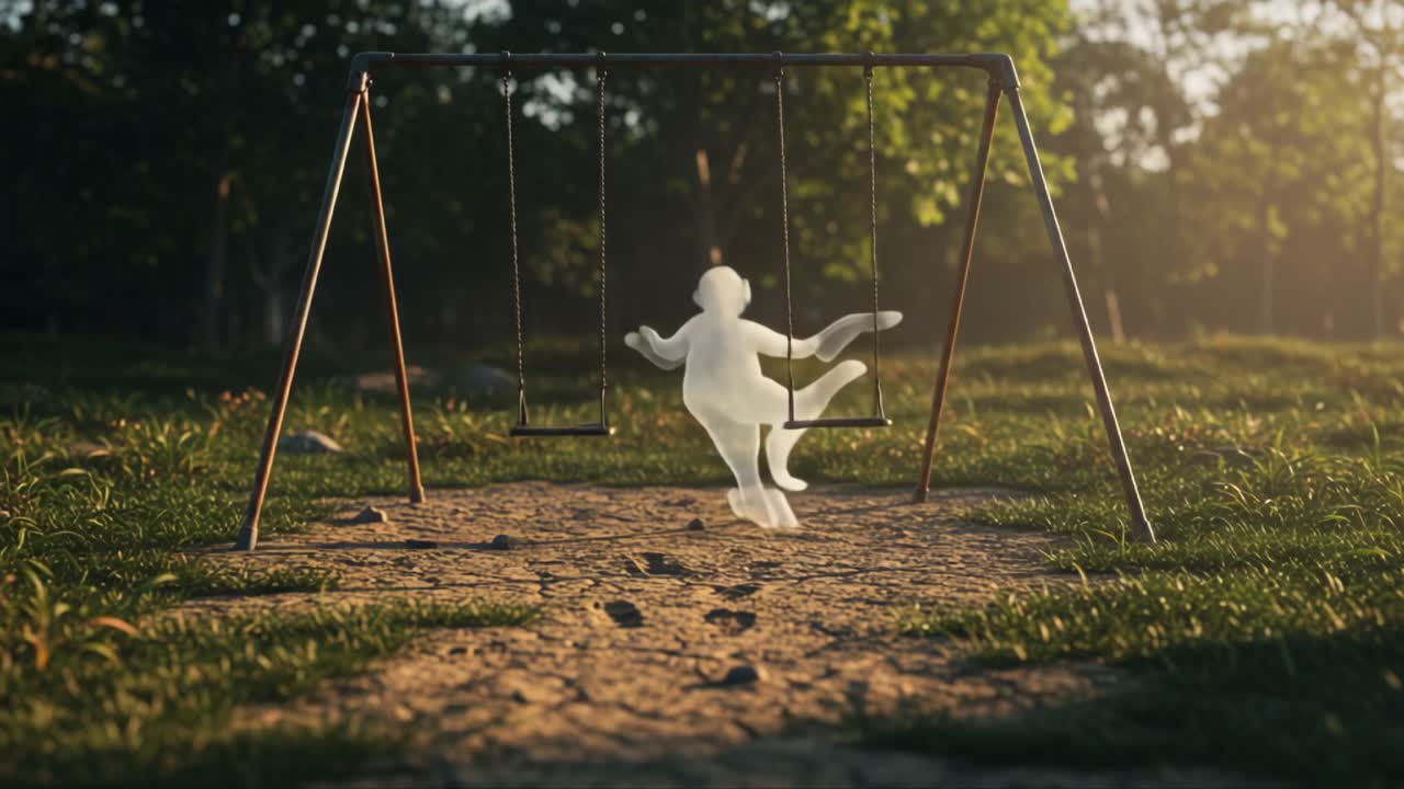 Una scena mistica di un'altalena con uno spirito giocoso: che cattura l'essenza dei ricordi d'infanzia e dell'immaginazione in un paesaggio di parco sereno