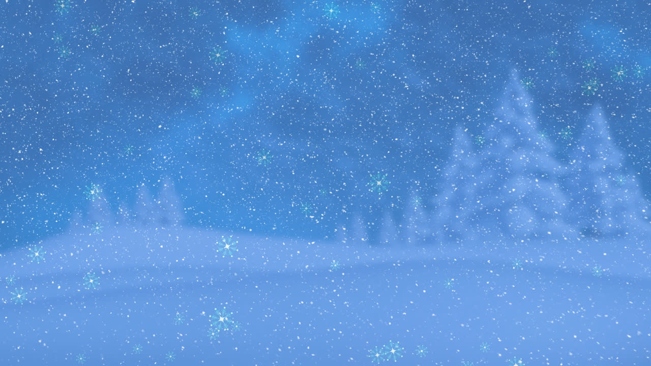 겨울 소나무 위에 내리는 눈의 애니메이션 풍경 배경