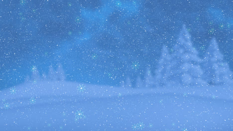 animation of snow falling over winter fir trees landscape background