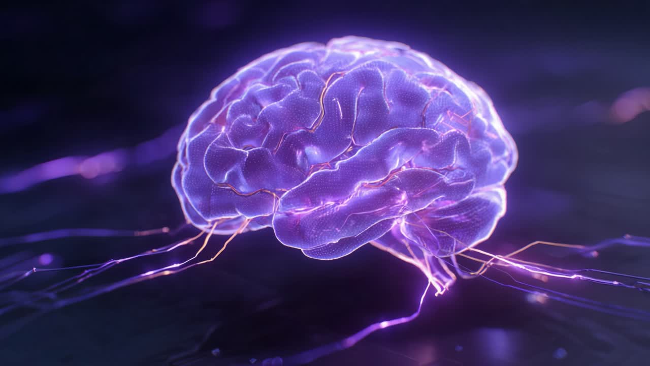 Luminous purple digital brain pulsating with electrical signals from neurons, representing artificial intelligence, machine learning, and the processing of big data on a dark background