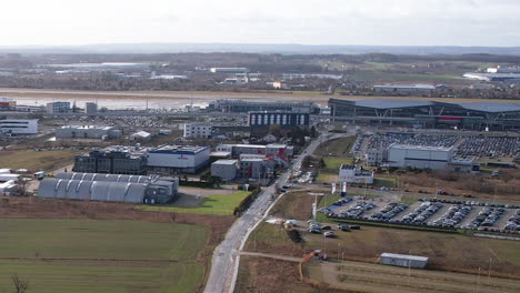 Aerial-dolly-right-view-of-Gdansk-Airport-in-Poland-on-Hazy-Winter-Day