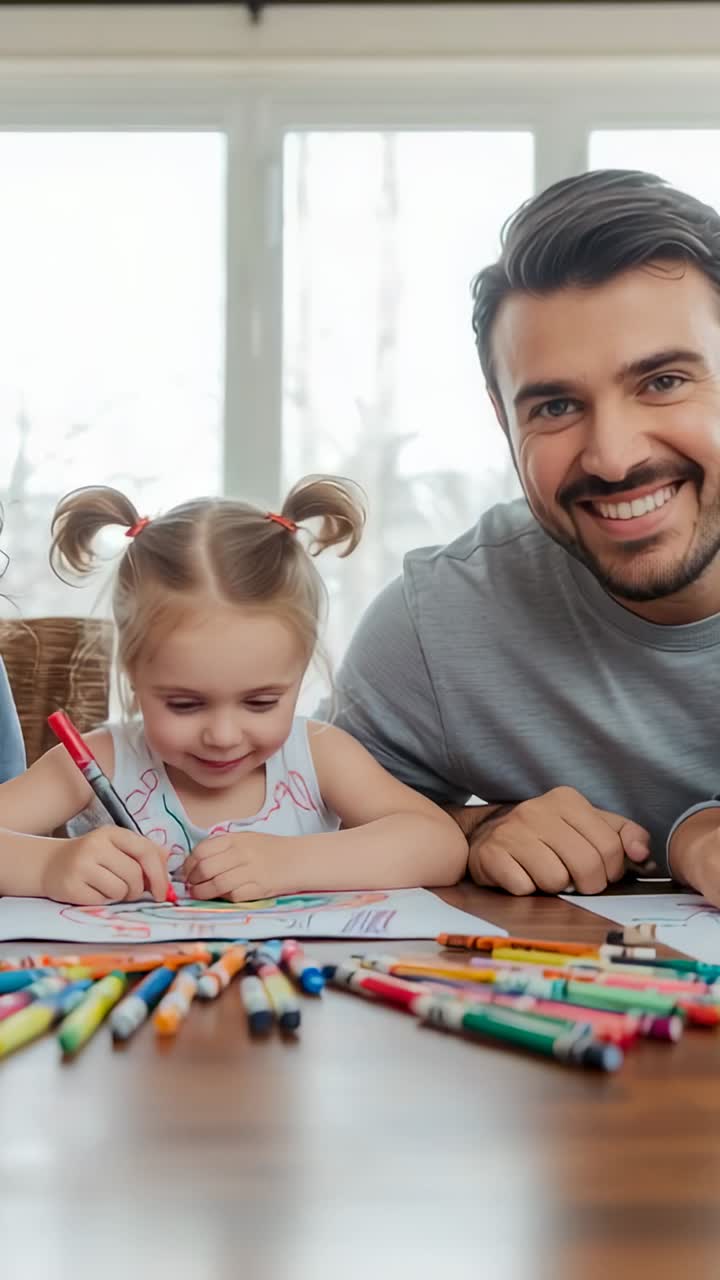 Vertical video: Gripping red marker girl coloring picture at dining table, with parents supporting