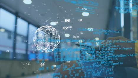 animation of data processing over rotating globe with office in background