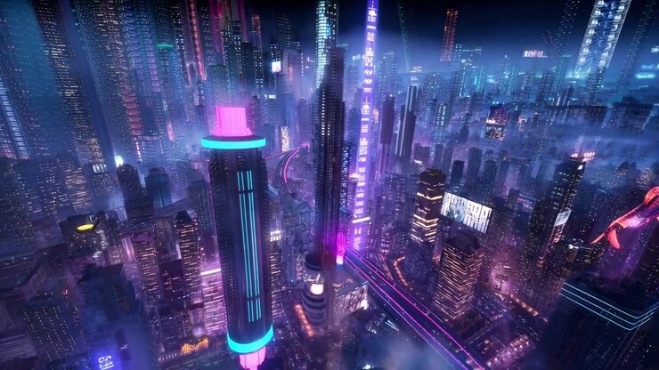 Aerial View of a Vibrant Futuristic Cyberpunk City at Night