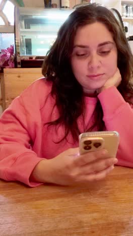 woman using smartphone in restaurant, waiting for order