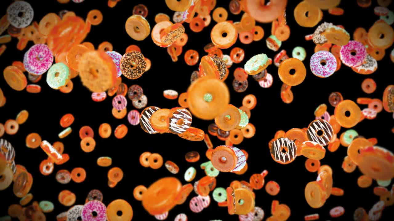 검은 바탕에 많은 다채로운 도을 날아. 도 케이크, 과자, 디저트. 도 회전의 3d 애니메이션. 루프 애니메이션.